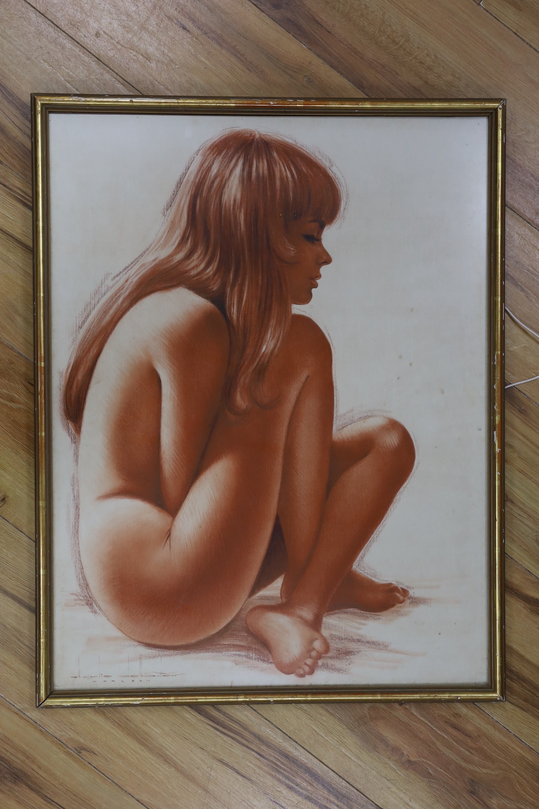Charlie Delhauteur (b.1919), sanguine chalk, Seated female nude, signed and dated 1967, 65 x 49cm